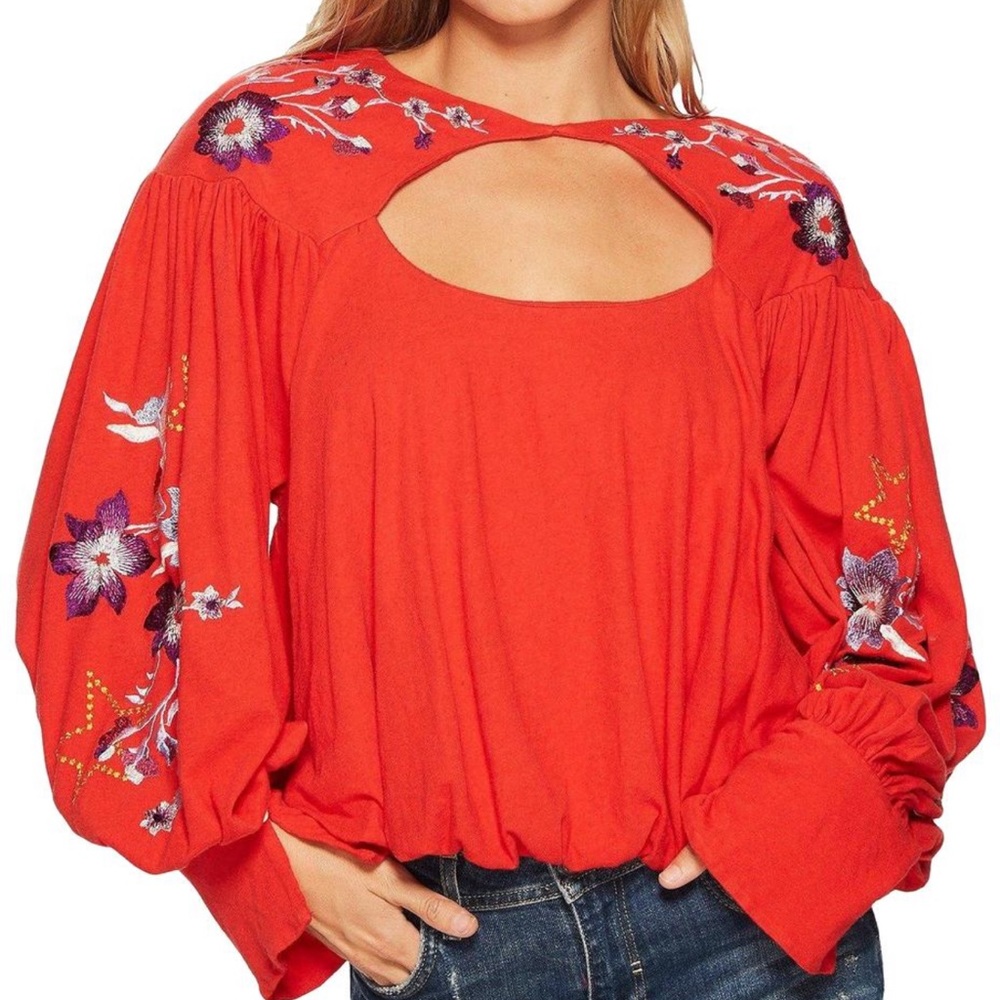 Free People Scarlet Keyhole Design Blouse with Floral Appliqués